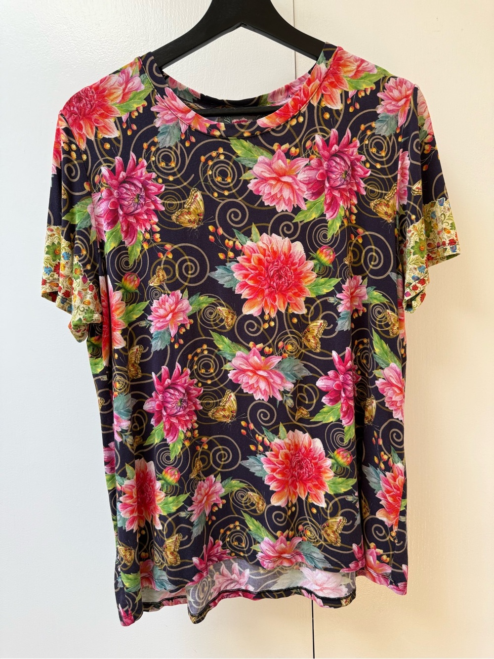 Johnny Was Black Tee with Pink Floral & Gold Accents